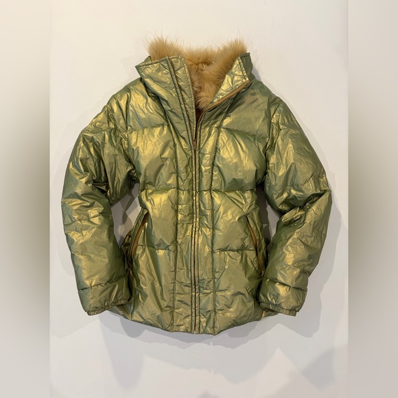 The Limited Jackets & Blazers - The Limited Down Puffer Liquid Green Gold Metallic Shimmer Jacket Fur Hood